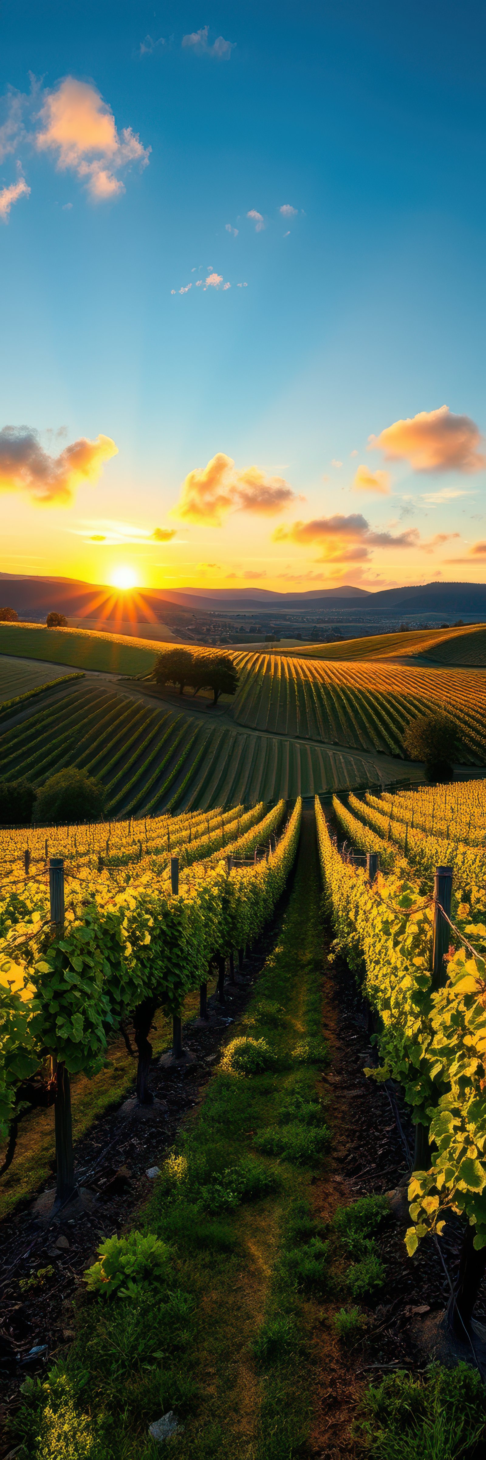 A view of a vineyard at sunset, with rows of grapevines stretching out towards the horizon